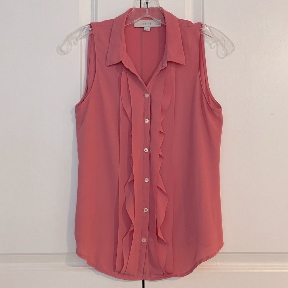 Ann Taylor LOFT Sleeveless Button-Up Ruffle Blouse (Petite S, Pink/Blush/Rose)